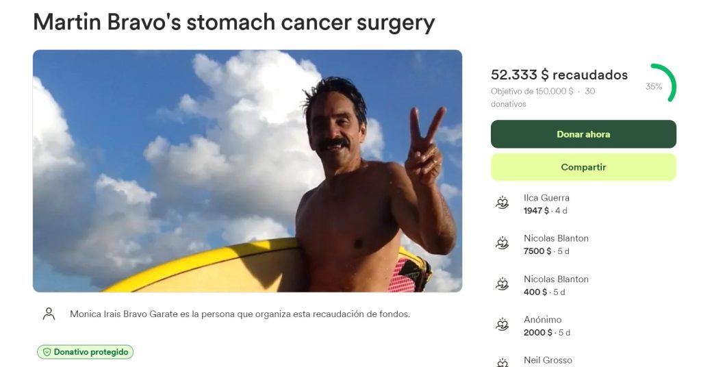 Padre y surfista mazatleco se enfrenta a cáncer de estómago que inició como malestar estomacal GoFundMe-Martin Bravo's stomach cancer surgery