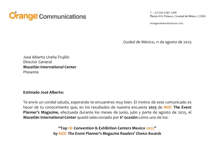 El Centro de Convenciones de Mazatlán (MIC) entre los 10 mejores de México de acuerdo a la encuesta 2025 de MDC The Event Planner’s Magazine